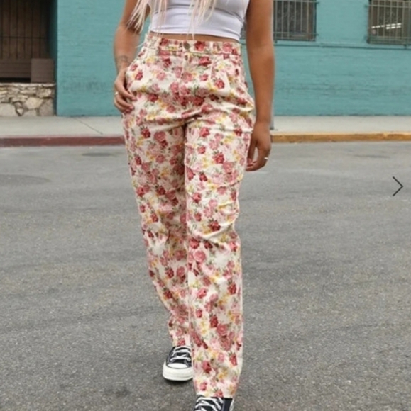 TEDDY FRESH Floral Roses Jogger Pants L Skater Y2k Boho Grungecore Grannycore - Picture 1 of 12